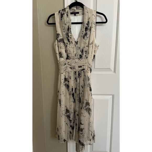 Coast 100% Silk Dress Size 16 Sleeveless Pleated Beige Black Abstract Print - Picture 1 of 8